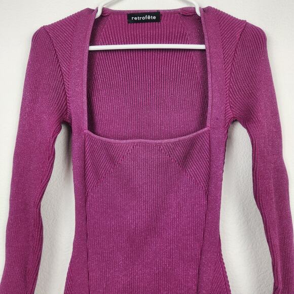 Retrofete Purple Dress Metallic Midi Bodycon Long Sleeve Size XXS Square Neck - Picture 3 of 8
